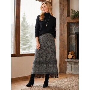 Talbots NWT Long 100% Wool Jacquard Skirt Thin Lined Baroque Print Fringe 14